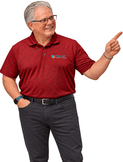 Jim Forker, owner of ZSmart Furniture, pointing at the contact form